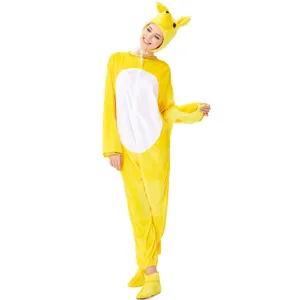 Full body detail of the yellow animal costume showing the attached hood and plush tail.