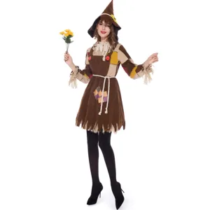Vue détaillée du costume d'épouvantail d'Halloween pour femme, idéal pour cosplay et fêtes.
