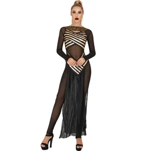 Close-up of the black and gold mesh goddess costume detail with stripes and sheer sleeves.