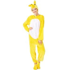 Detail view of yellow plush animal costume with cute headpiece, soft fabric for cozy party wear.