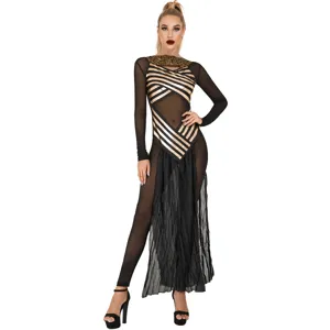 Detailed view of the Egyptian goddess Halloween costume featuring sheer black mesh sleeves.