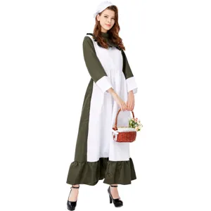 Detailed view of the vintage maid costume with long green skirt and white apron.