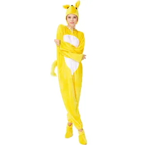 Close-up details of the soft yellow animal costume jumpsuit, showcasing texture and cute hood.