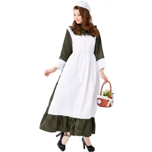 Detailed view of women's historical maid costume, long green dress with white apron for party.