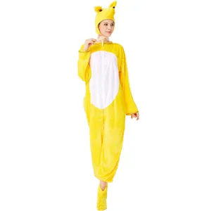 Detailed view of the yellow animal cosplay costume with hood and shoe covers for parties.