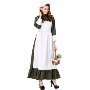 Detailed view of the green and white colonial maid costume with matching cap and flower basket.
