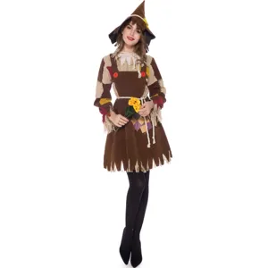 Vue détaillée du costume d'épouvantail pour femme, tenue de cosplay d'Halloween avec chapeau.