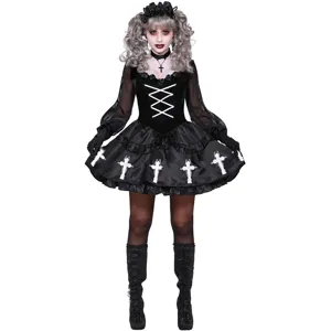 Women Gothic Vampire Nun Halloween Costume Polyester Cross Print Ghost Bride Cosplay Dress Black Party Performance Apparel
