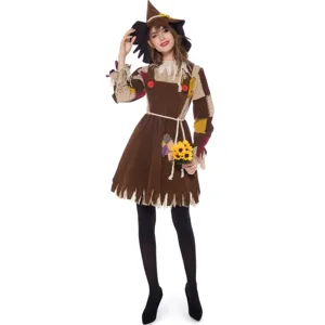 Vue détaillée du costume d'épouvantail d'Halloween patchs robe marron chapeau tournesol