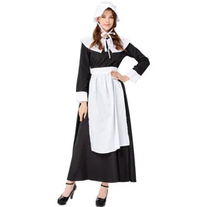 Detail view of black and white maid costume with dress, apron, and cap for cosplay parties.