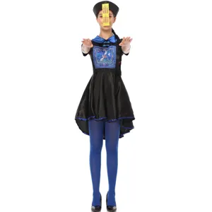 Chinese Qing-dynastie zombie cosplay kostuum Halloween jurk met hoed en blauwe panty voor dames