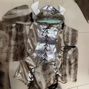 Costume vichingo donna Halloween pirata cosplay vestito con cappuccio e pelliccia.