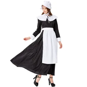 Black and white colonial maid costume detail showing long dress, apron, collar and bonnet.