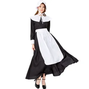 Classic colonial maid costume detail featuring black dress, white apron, collar, and cute bonnet.