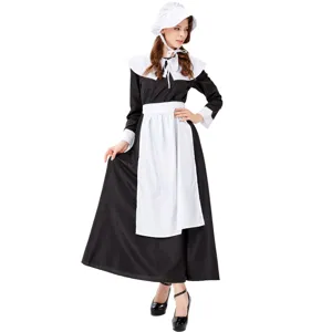 Vintage colonial pilgrim costume for women, black dress with white apron and bonnet.