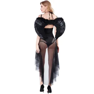 Sexy black angel costume bodysuit with feather wings and sheer mesh skirt for Halloween cosplay.