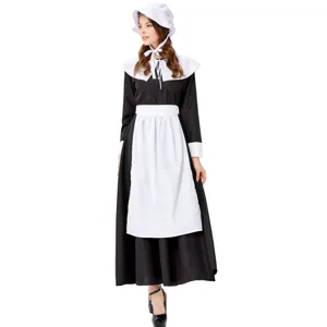 Details showing the elegant black and white colonial maid costume design features for Halloween.