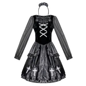 Gothic vampire nun cosplay costume for women, black Halloween dress with cross and headpiece.