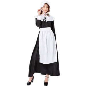 Detail view of the classic black and white pilgrim maid costume dress with apron and bonnet.