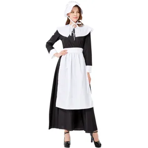 Detail view of the classic black and white pilgrim maid costume long dress for Halloween.