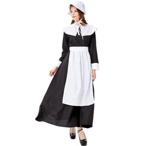 Detailed view of the classic black and white colonial maid costume with delicate collar and apron.