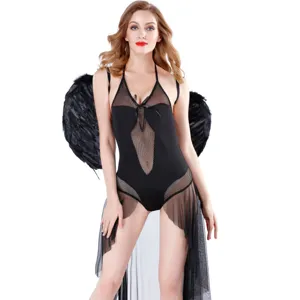 Sexy women's black one-piece dress Halloween dark angel cosplay costume with wings