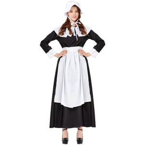 Vintage Black White Maid Costume Women Long Sleeve Maxi Dress With Apron Hat Halloween Cosplay Stage Performance Polyester