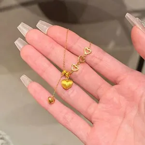 Vintage Gebürstet Gold Herz Quaste Halskette Damen Titanstahl Kupfer Künstliche Perle Herz Anhänger Choker Schmuck Zubehör