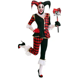 Costume de Cosplay de Clown Effrayant pour Femmes Ensemble Noir Rouge Motif Losange Tenue de Fête Halloween Avec Chapeau Gants