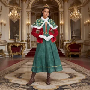 Mittelalterliche europäische Königin Kostüm für Damen, elegantes grünes rotes Cosplay für Halloween.