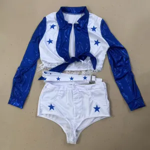 Blue and white star cheerleader costume set detail showing the top, belt, and shorts.