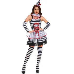 Conjunto disfraz arlequín negro blanco mujer Halloween cosplay vestido de fiesta con sombrero.
