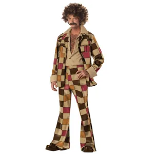 Herren 70er Retro Disco Kostüm Patchwork Jacke und Schlaghose Outfit für Party