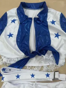Detail view of the blue and white star cheerleading costume top and belt with fringe.