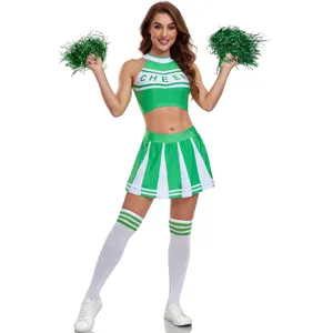 Green and white cheerleader costume detail showing crop top, pleated skirt and matching pom poms