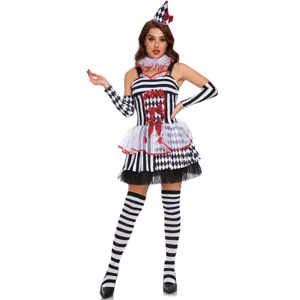 Conjunto de Disfraz de Payaso Arlequín de Halloween para Mujer Vestido a Cuadros y Rayas Con Sombrero Gargantilla Mangas Cosplay Traje de Escenario