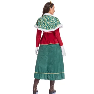 Detailansicht Mittelalter Koenigin Kostuem, vintage rot gruen Umhang Kleid fuer Cosplay.