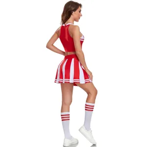 Sexy red white cheerleader costume crop top pleated skirt set for women stage performance.