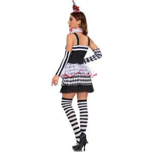 Disfraz de payaso arlequin mujer negro y blanco a cuadros cosplay fiesta halloween funcion