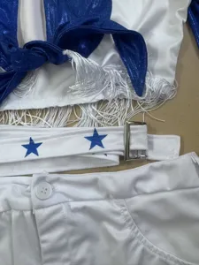 Sexy cheerleader costume set detail, white top with blue shiny panels fringe star belt