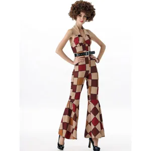 70er Jahre Retro Disco Jumpsuit Kostüm Damen Vintage Patchwork Party Outfit Halloween Cosplay