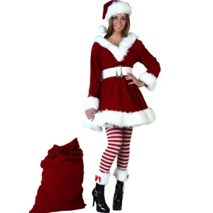 Femme Costume De Noël Père Noël Robe Velours Chapeau Collant Rayé Tenue De Fête Chic