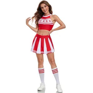 Sexy red white cheerleader costume crop top pleated skirt stage performance outfit.