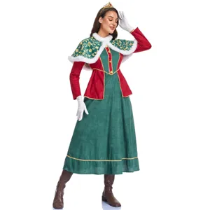 Mittelalterliche europäische Hofkönigin Kostüm Damen, elegantes rot-grünes Cosplay Kleid mit Umhang.