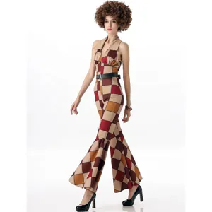70er Retro Disco Halter Jumpsuit Kostüm mit Patchwork Schlaghose für Damen und Herren.