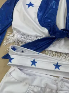 Sexy star cheerleader costume set with blue white metallic fabric and star prints for women.