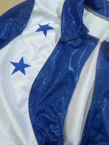 Blue white star cheerleading costume detail, sexy womens sports fan performance outfit.