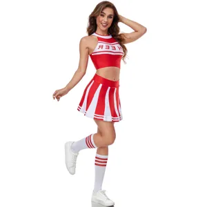 Red white cheerleader costume crop top pleated skirt set for women stage performance wear