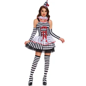 Disfraz de payaso arlequín blanco y negro para mujer con vestido, sombrero y medias.