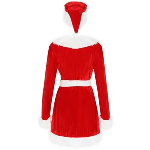 Ensemble de costume de Noël pour femme, robe en velours rouge avec bordure en peluche et bonnet.